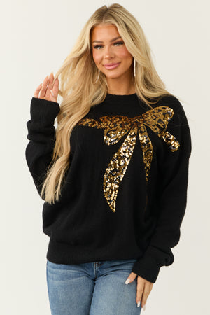 Black Sequin Bow Graphic Long Sleeve Sweater