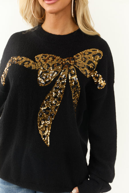 Black Sequin Bow Graphic Long Sleeve Sweater