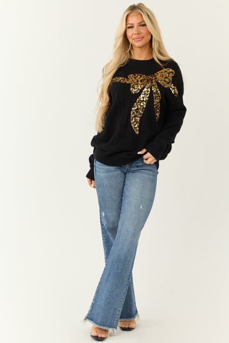 Black Sequin Bow Graphic Long Sleeve Sweater