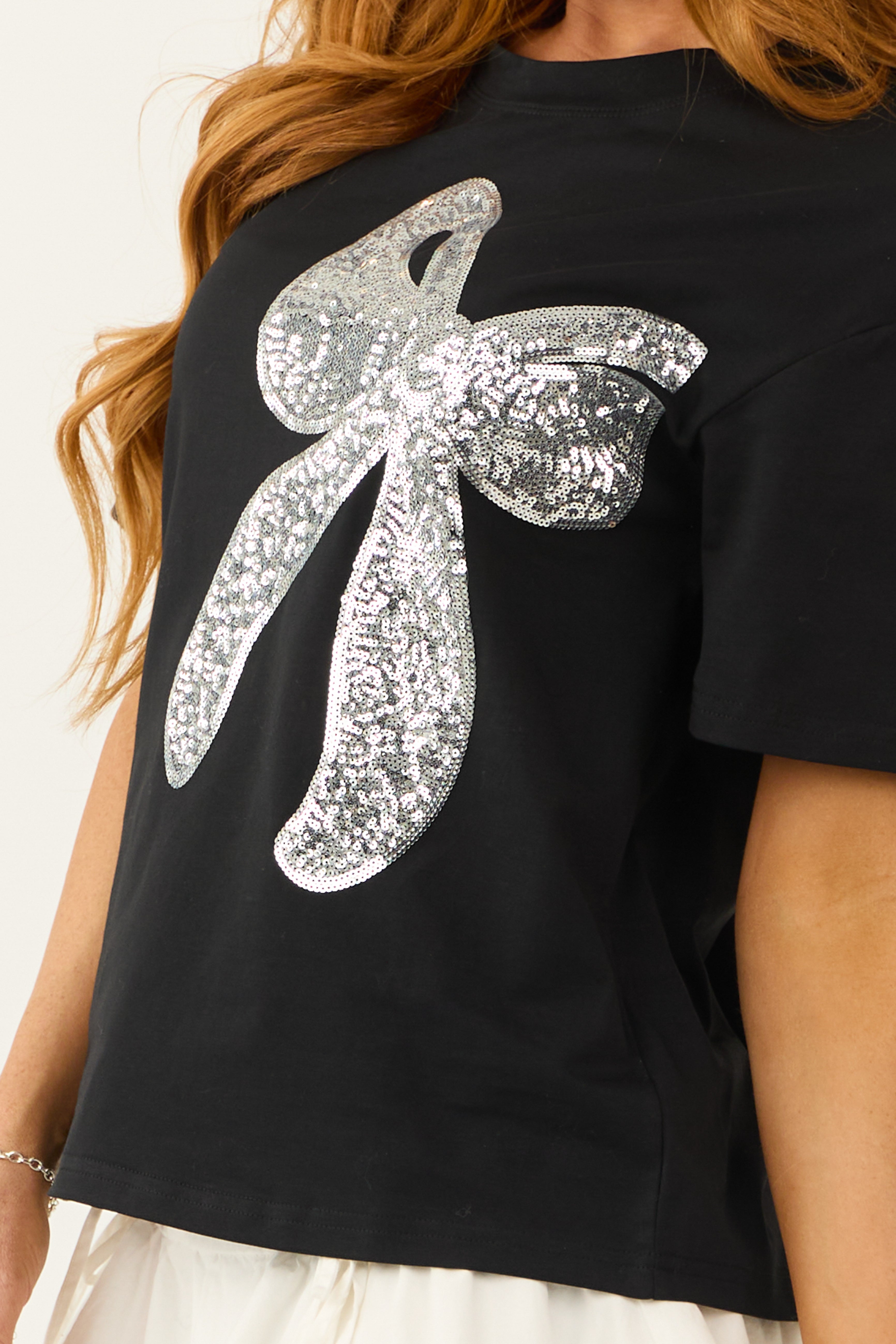 Black Sequin Bow Half Sleeve Tee