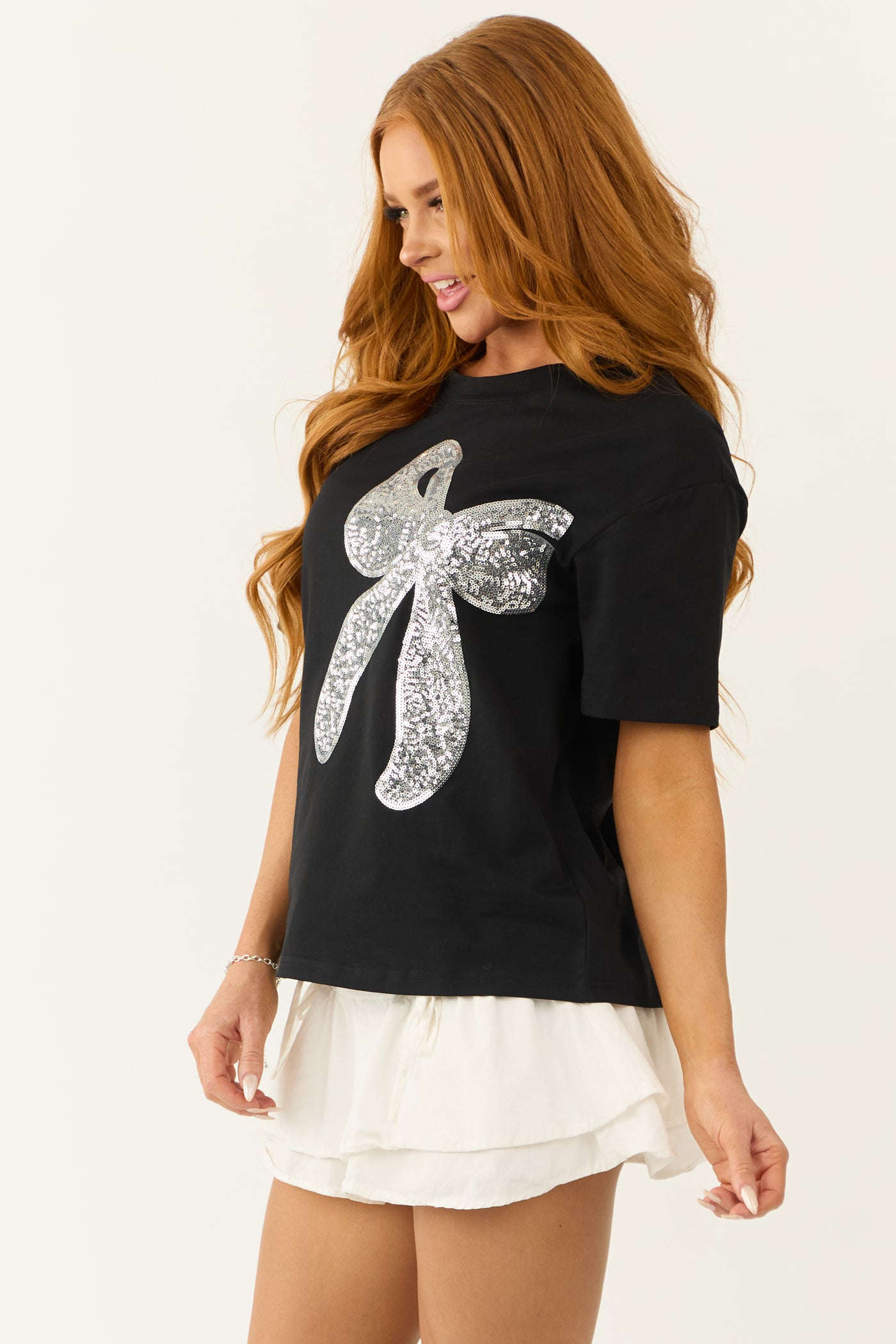 Black Sequin Bow Half Sleeve Tee