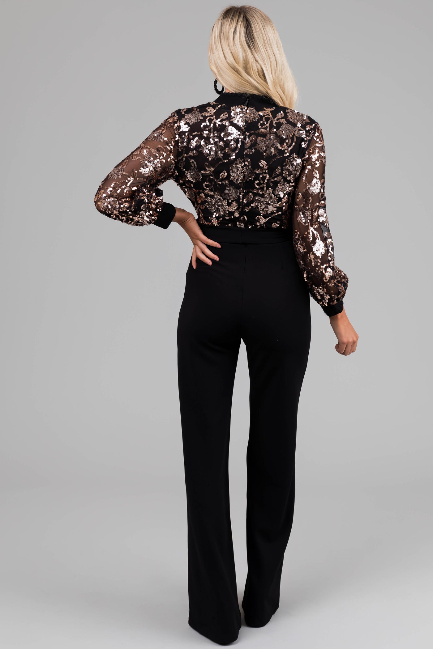 Black Sequin Deep V Neck Wide Leg Jumpsuit