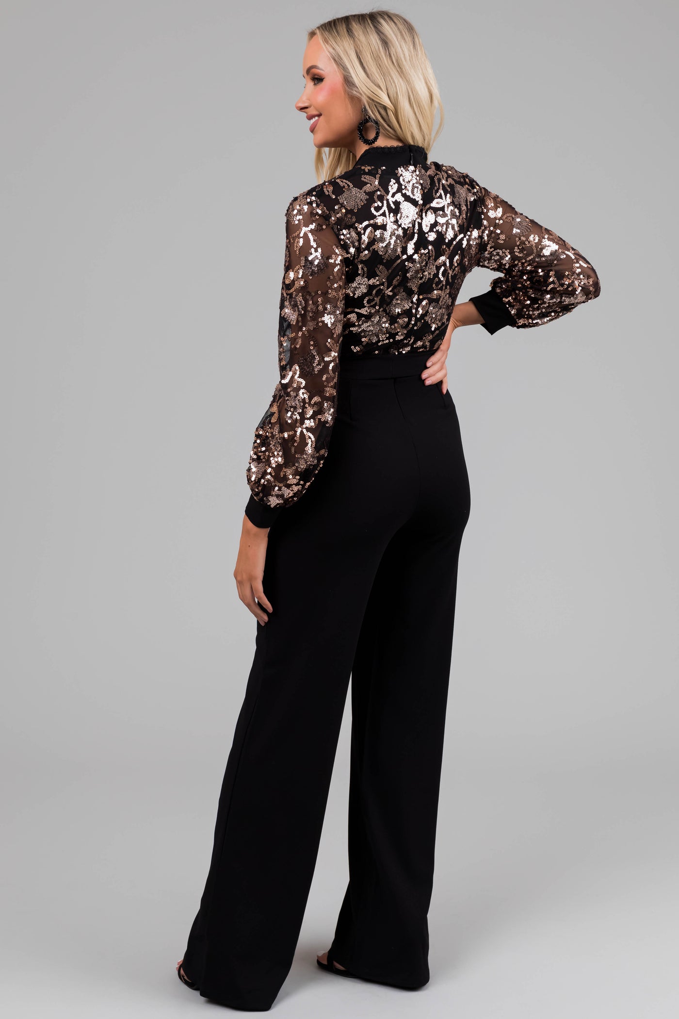 Black Sequin Deep V Neck Wide Leg Jumpsuit