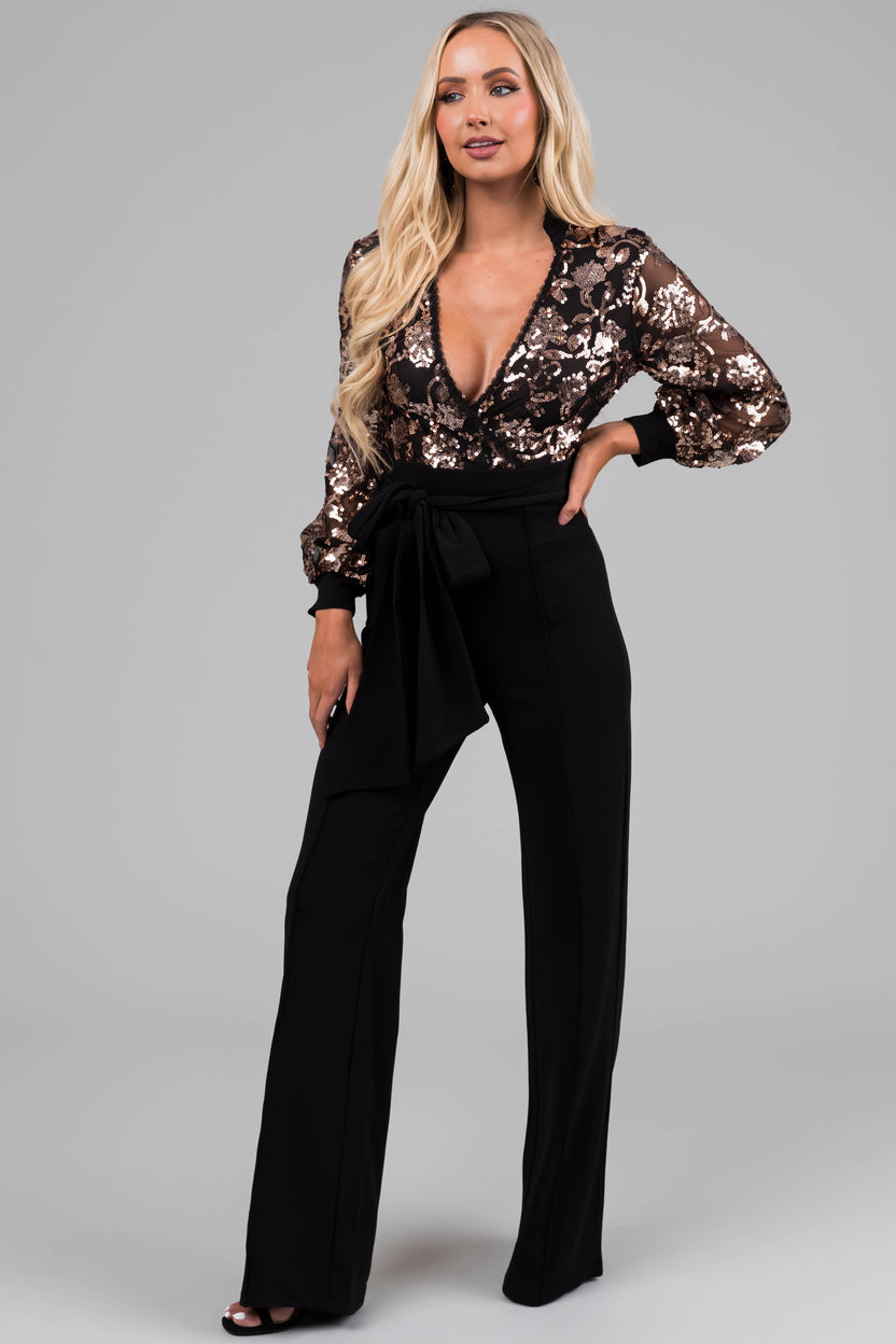 Black Sequin Deep V Neck Wide Leg Jumpsuit