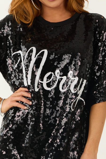 Black Sequin 'Merry' Short Tee Shirt Dress