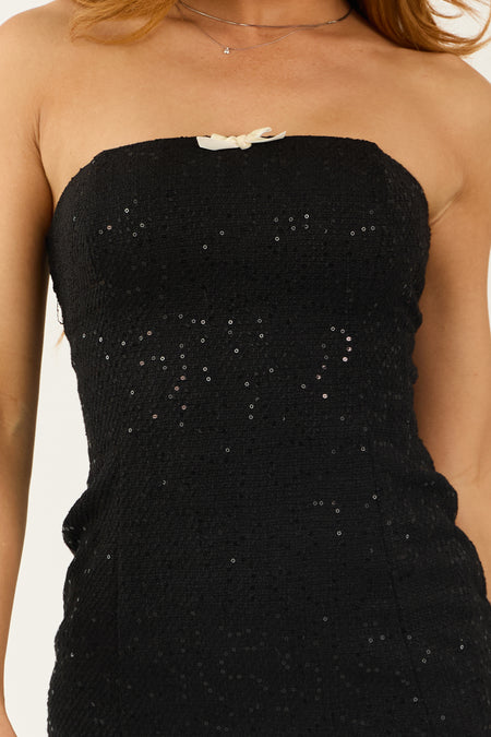 Black Sequin Tweed Bow Strapless Mini Dress