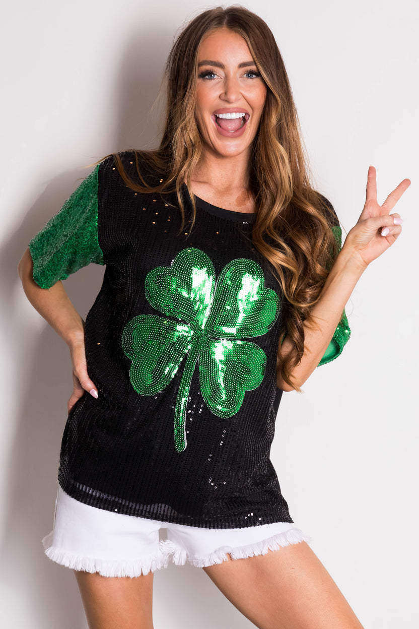 Black Sequined Clover Graphic Half Sleeve Top