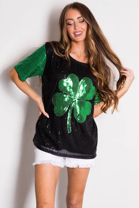 Black Sequined Clover Graphic Half Sleeve Top