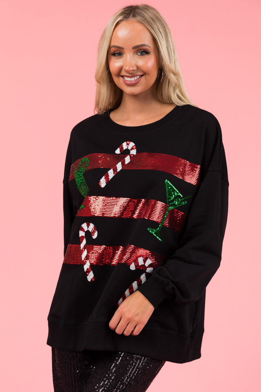 Black Sequined Graphic Long Sleeve Sweatshirt