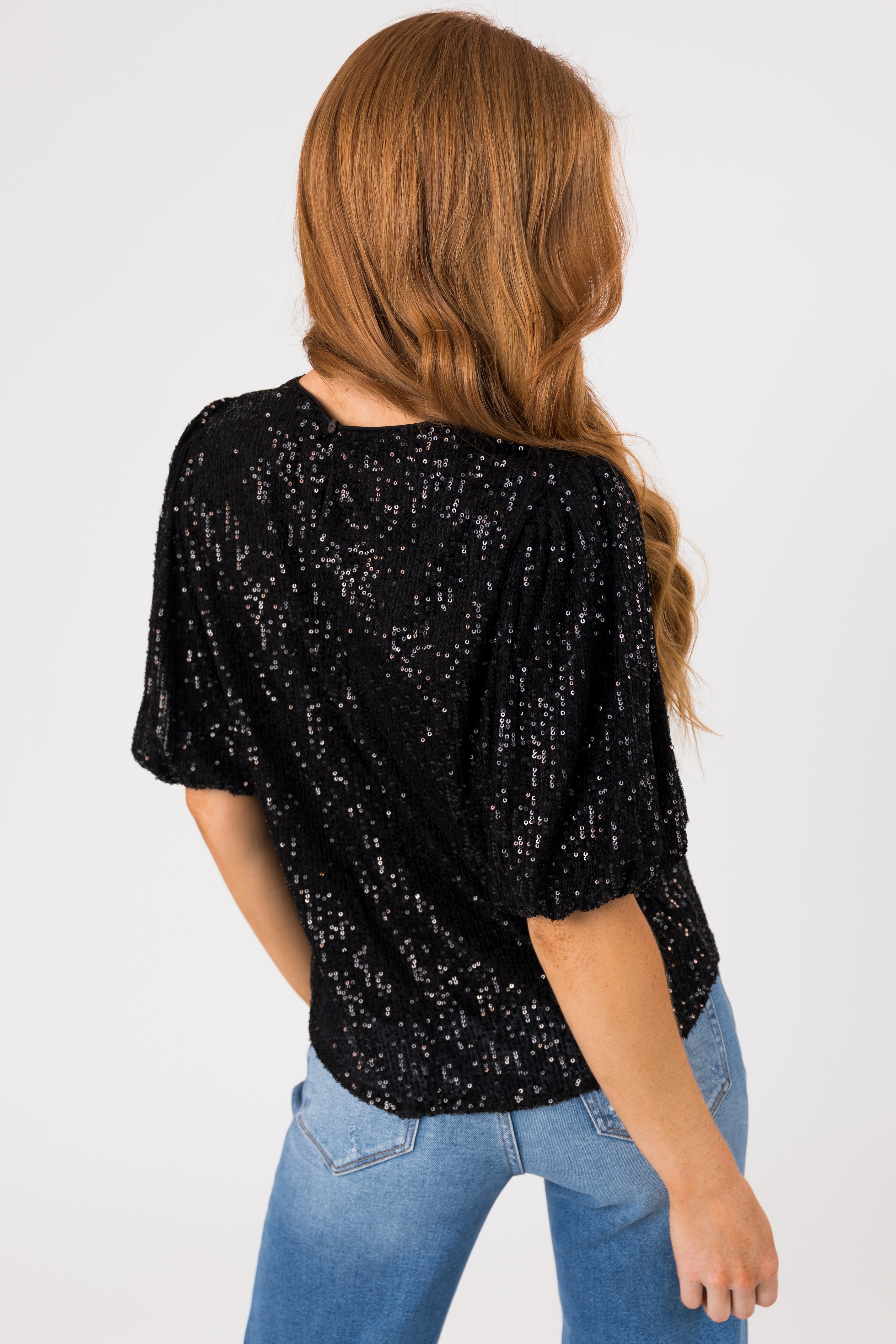 Black Sequined Half Puff Sleeve Top