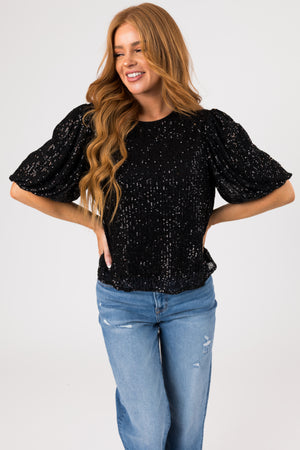 Black Sequined Half Puff Sleeve Top