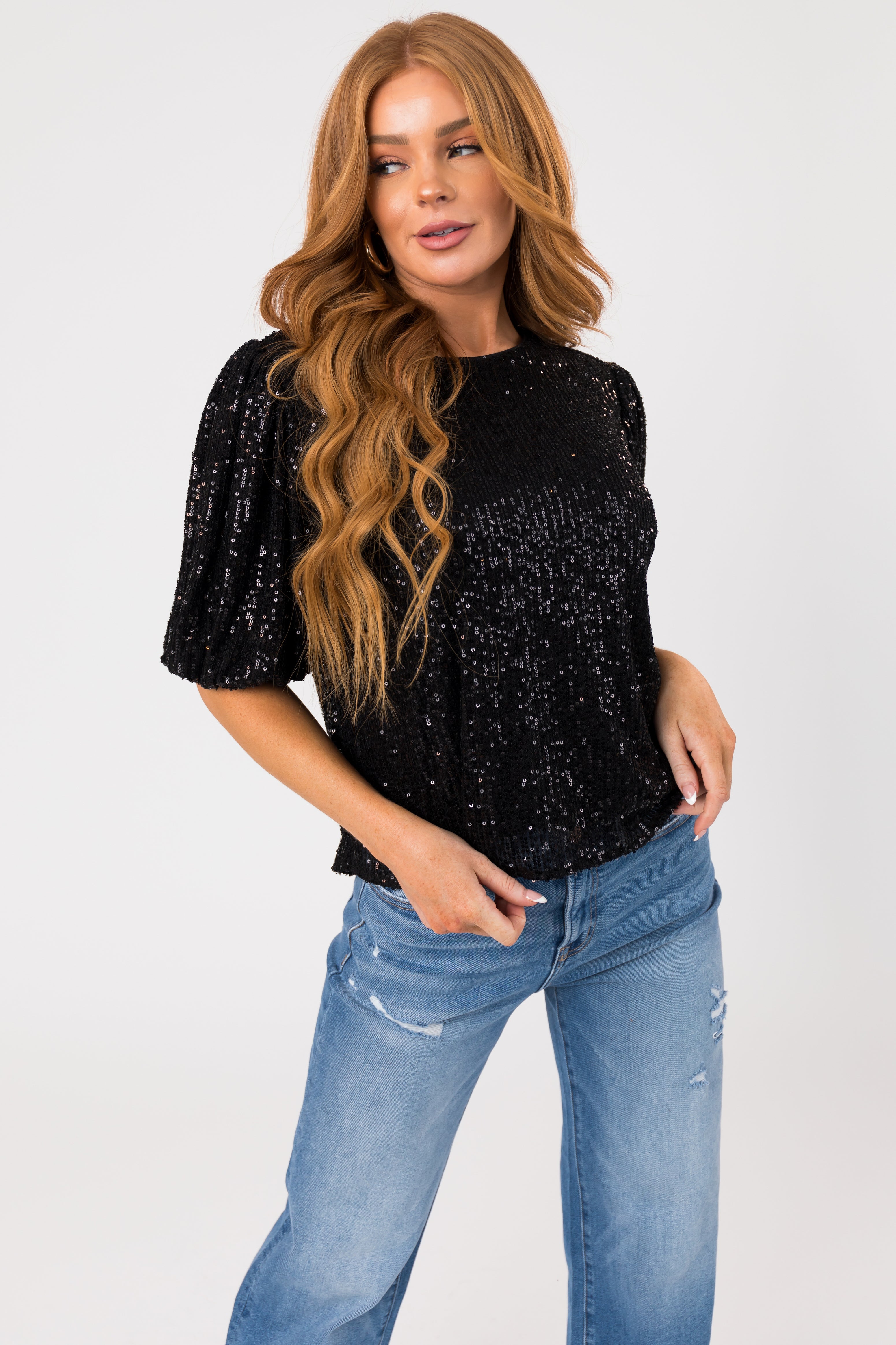 Black Sequined Half Puff Sleeve Top