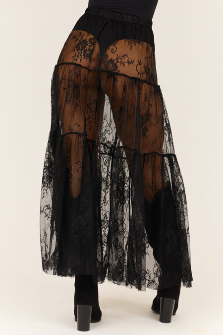 Black Sheer Floral Lace Tiered Maxi Skirt