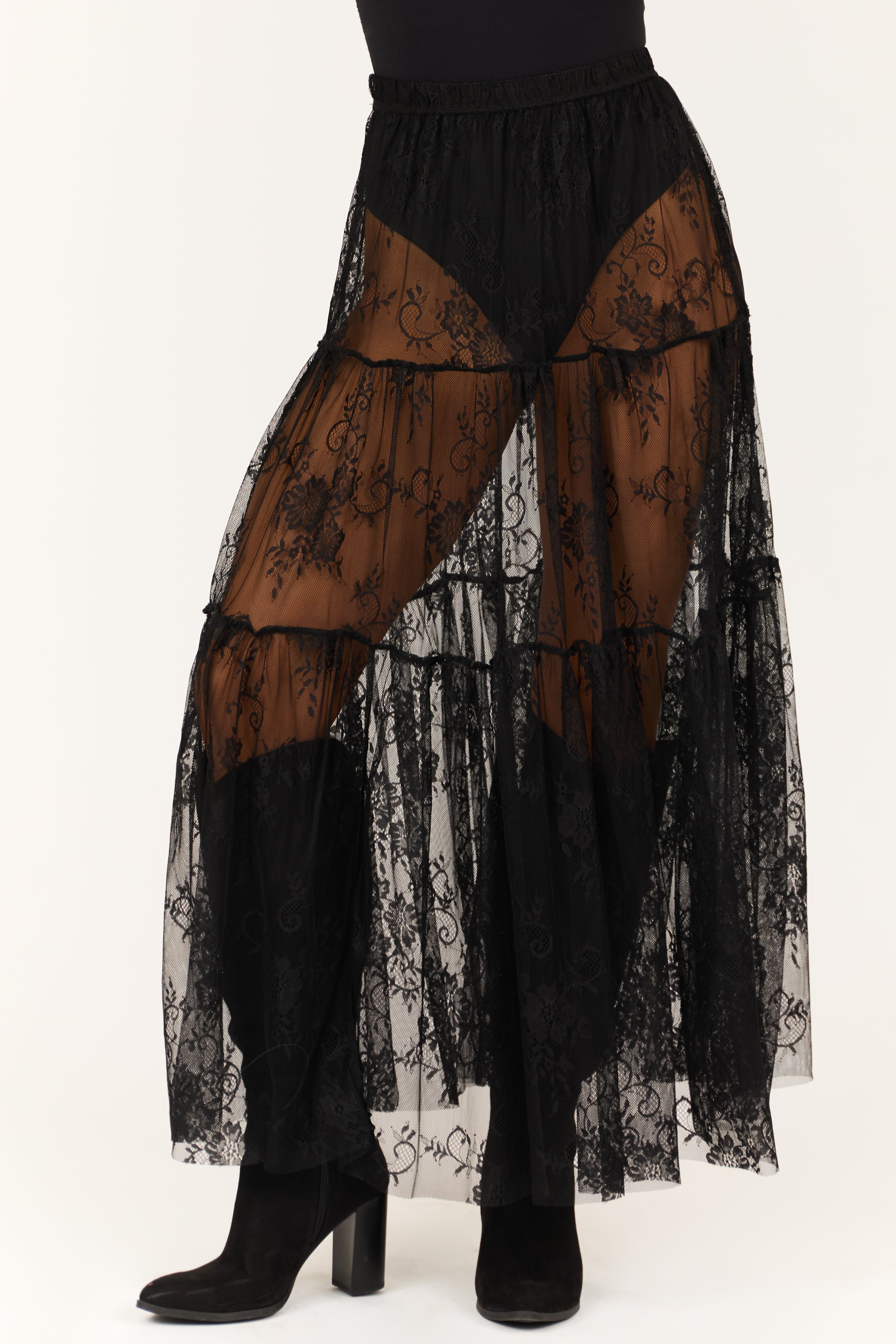 Black Sheer Floral Lace Tiered Maxi Skirt