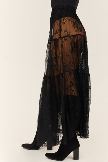 Black Sheer Floral Lace Tiered Maxi Skirt