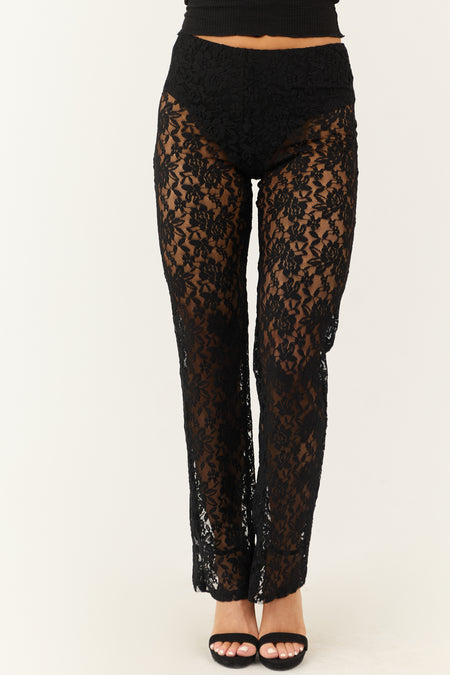 Black Sheer Lace High Waist Straight Leg Pants