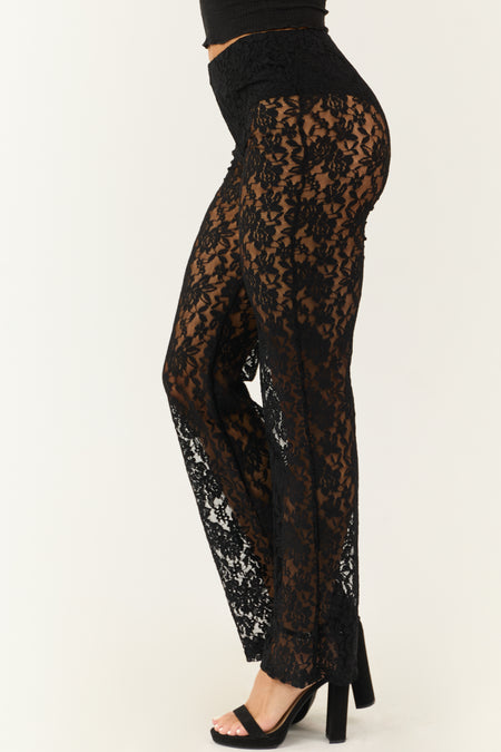 Black Sheer Lace High Waist Straight Leg Pants