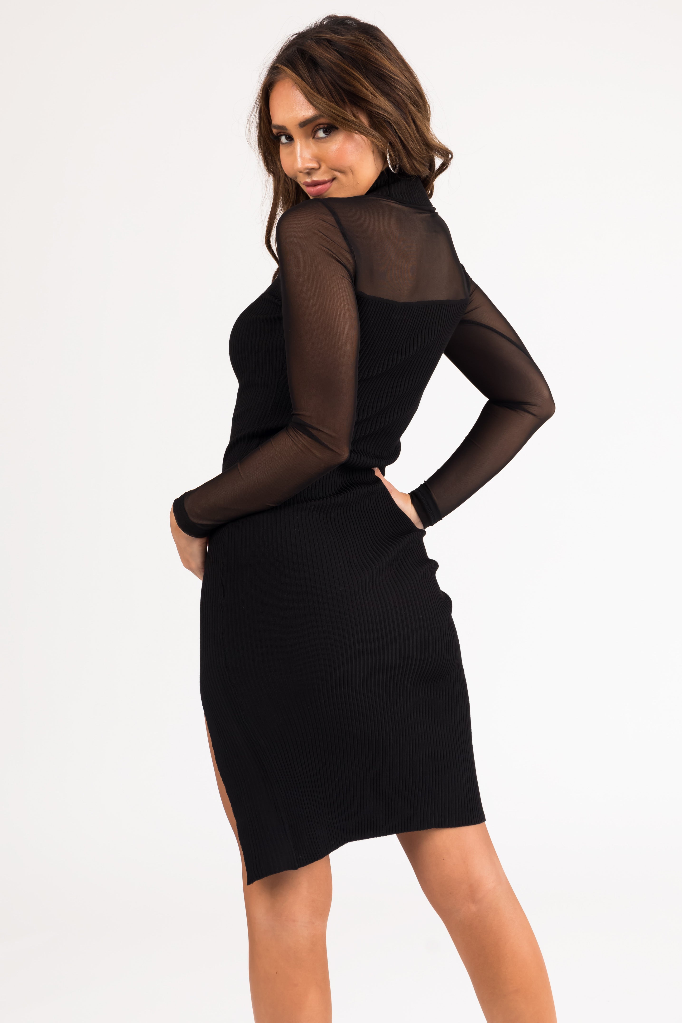 Black Sheer Yoke and Sleeves Midi Dress