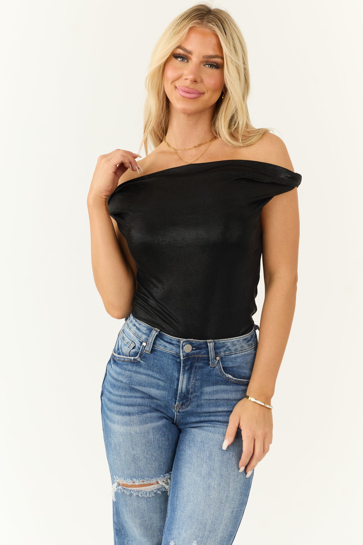 Black Shimmer Knit Off the Shoulder Bodysuit