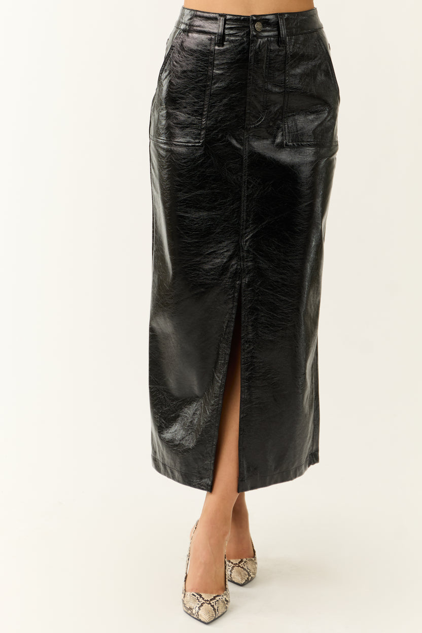 Black Shiny Faux Leather Front Slit Midi Skirt