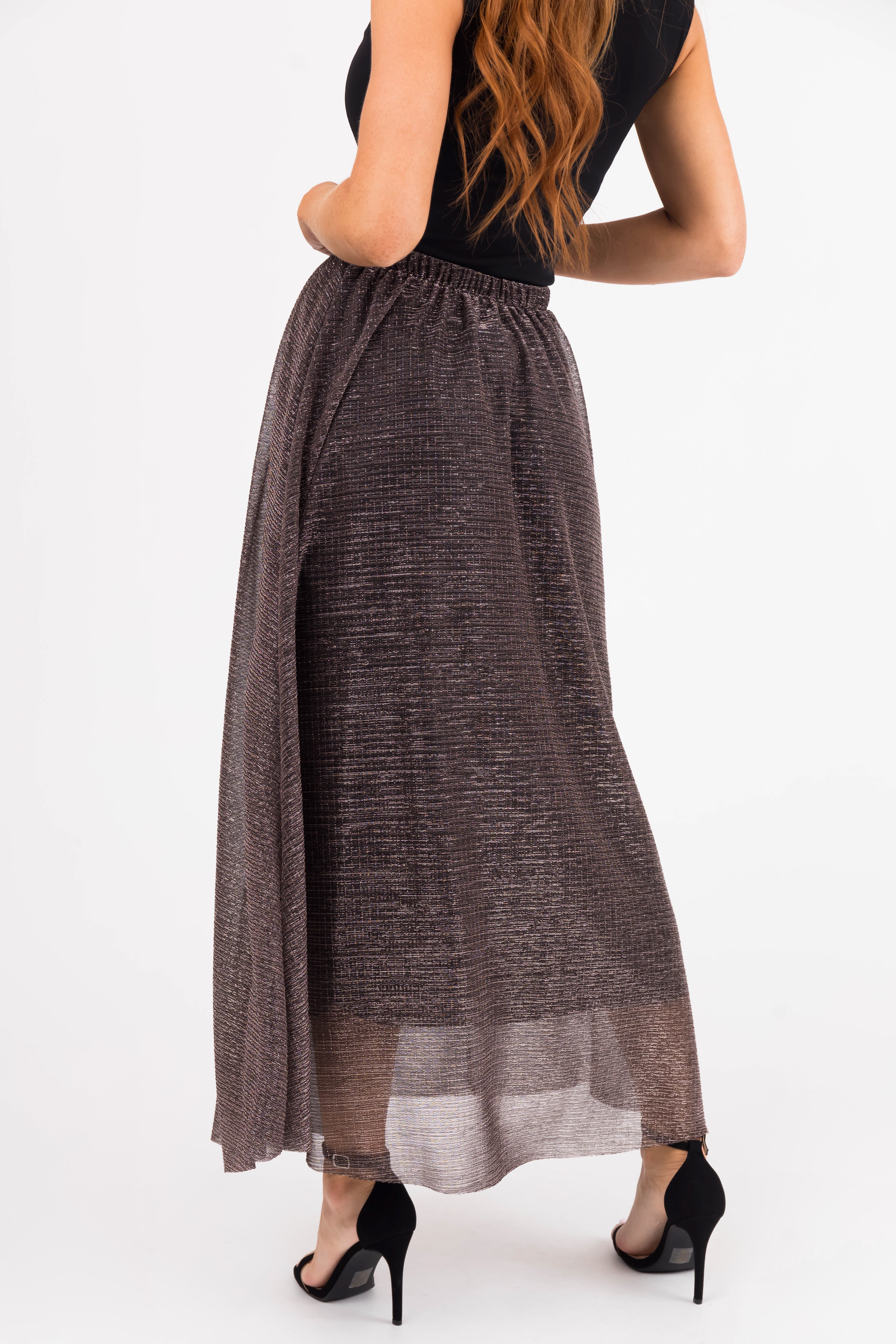 Black Shiny Metallic Elastic Waist Maxi Skirt