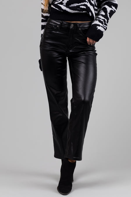 Black Shiny Pleather High Rise Straight Leg Pants