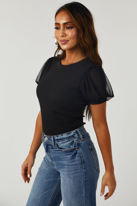 Black Short Puff Mesh Sleeve Waffle Knit Top