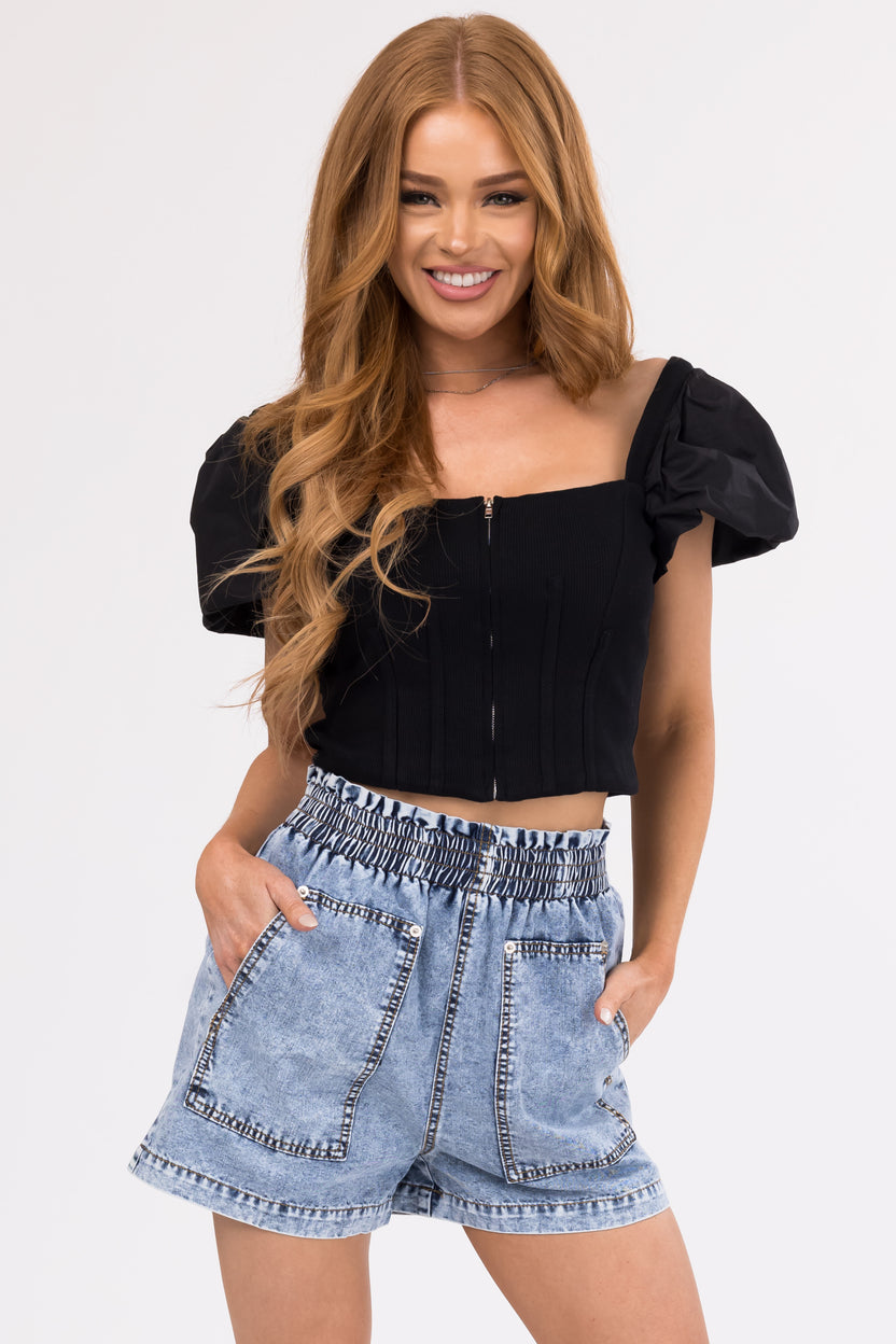 Black Short Puff Sleeve Zip Up Crop Top