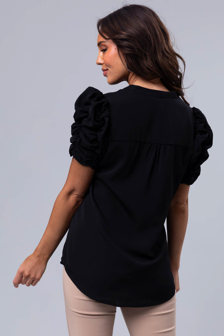 Black Short Ruched Sleeve V Neck Blouse