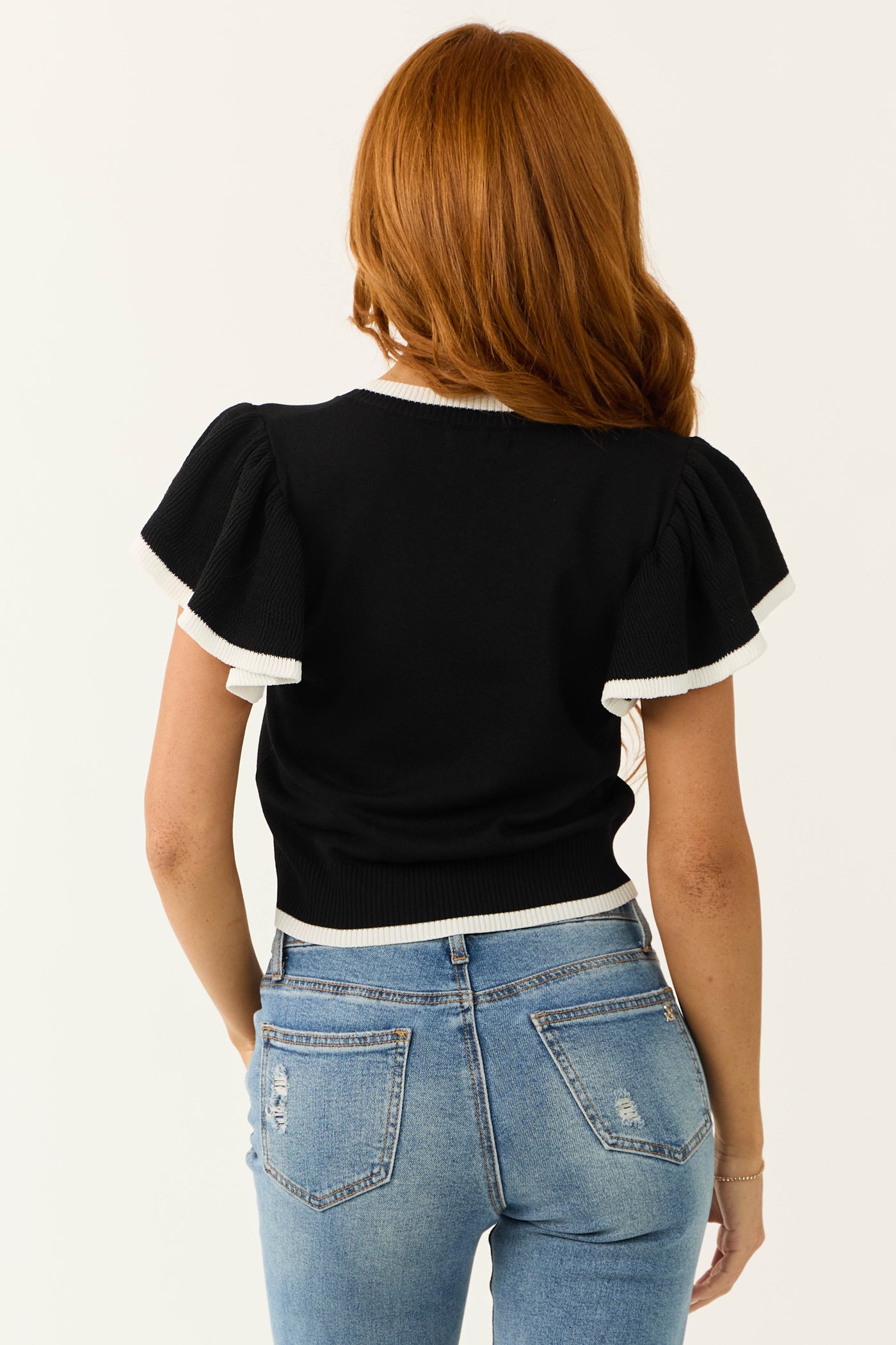 Black Short Ruffle Sleeve Contrast Sweater