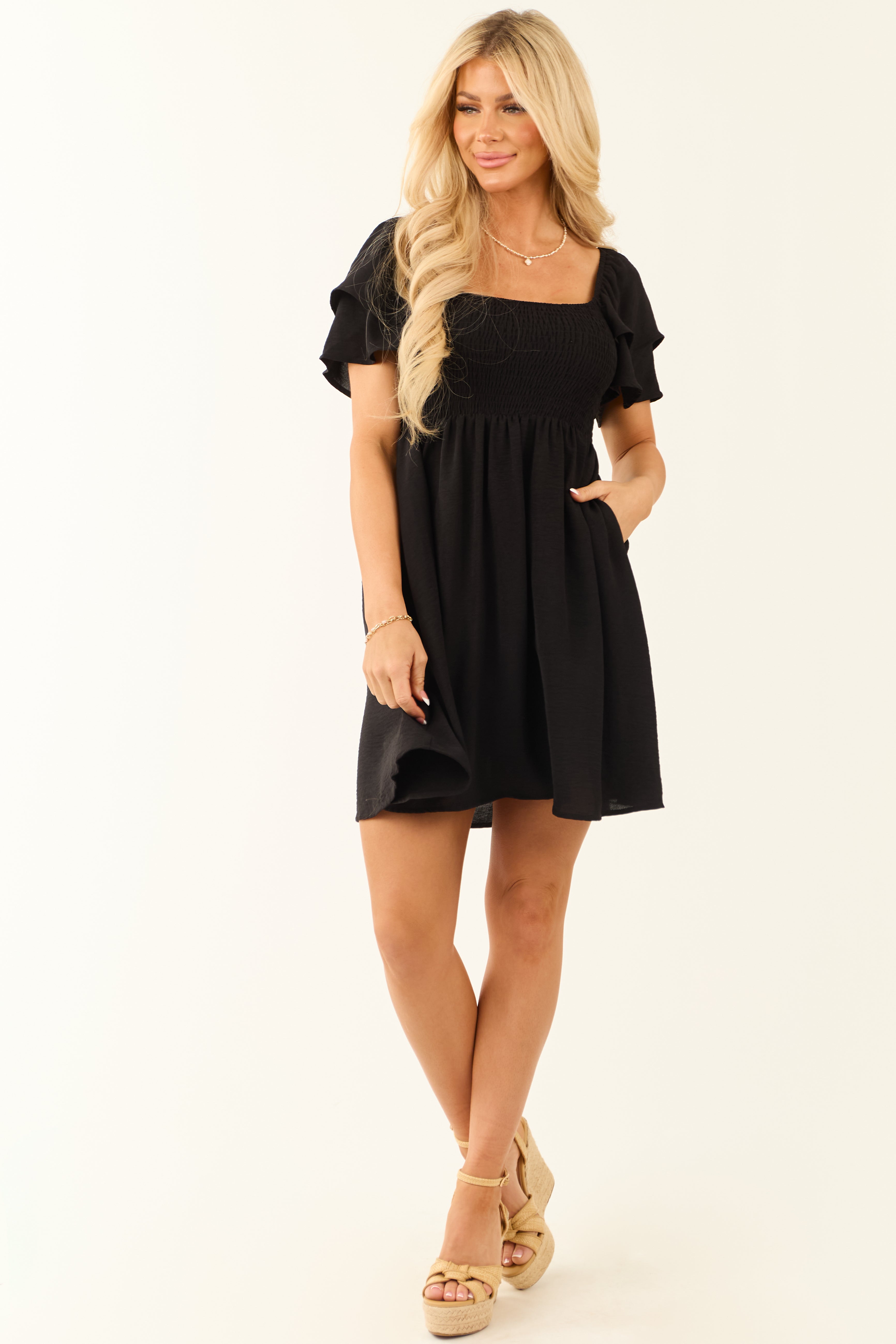 Black Short Ruffle Sleeve Smocked Mini Dress