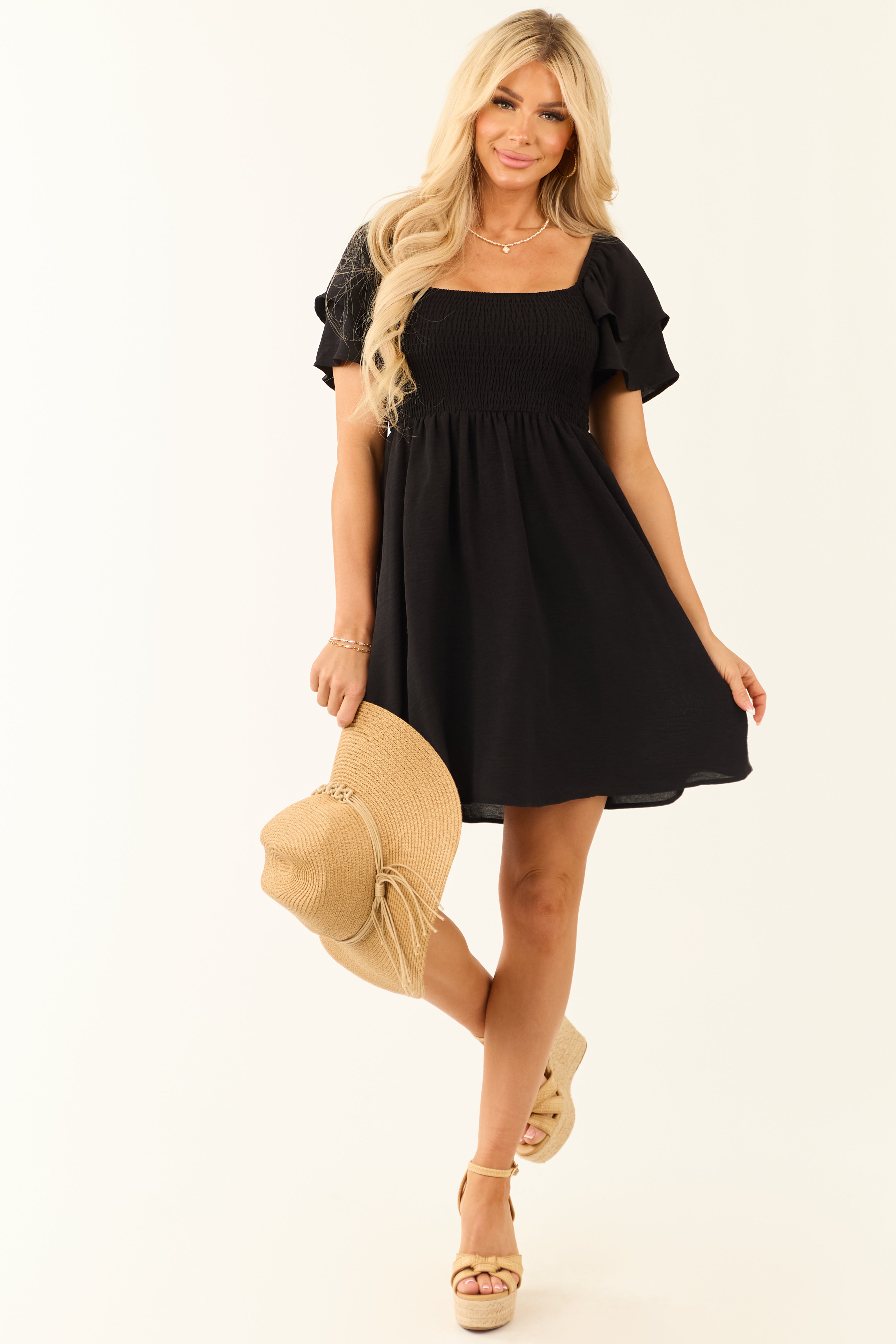 Black Short Ruffle Sleeve Smocked Mini Dress