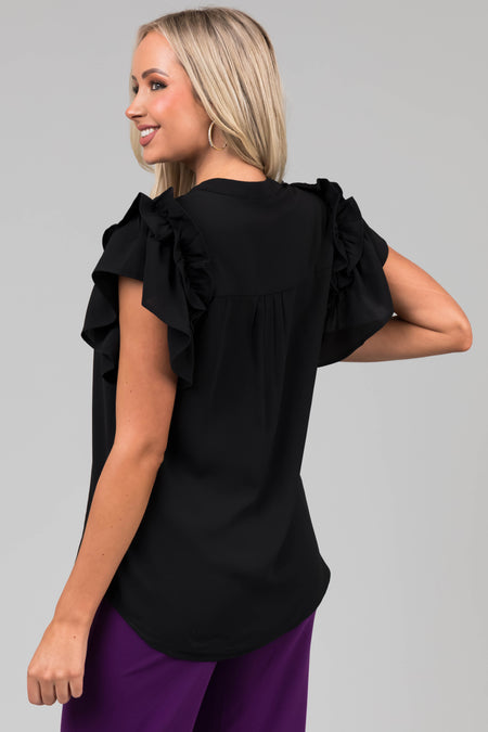 Black Short Ruffle Sleeve V Neck Blouse