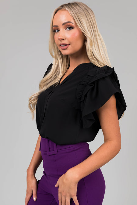 Black Short Ruffle Sleeve V Neck Blouse