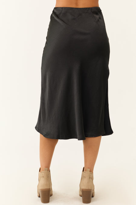 Black Side Slit Satin Midi Skirt