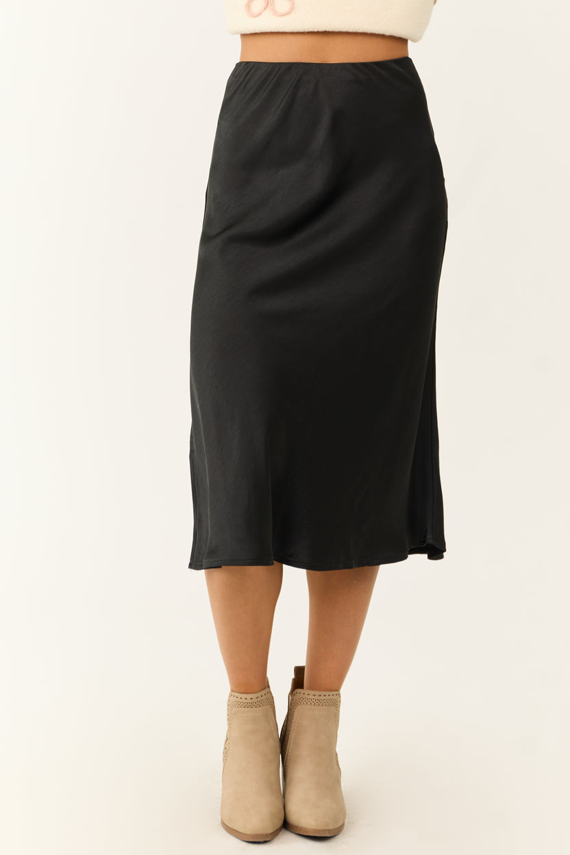 Black Side Slit Satin Midi Skirt