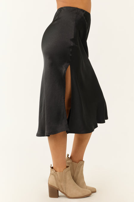 Black Side Slit Satin Midi Skirt