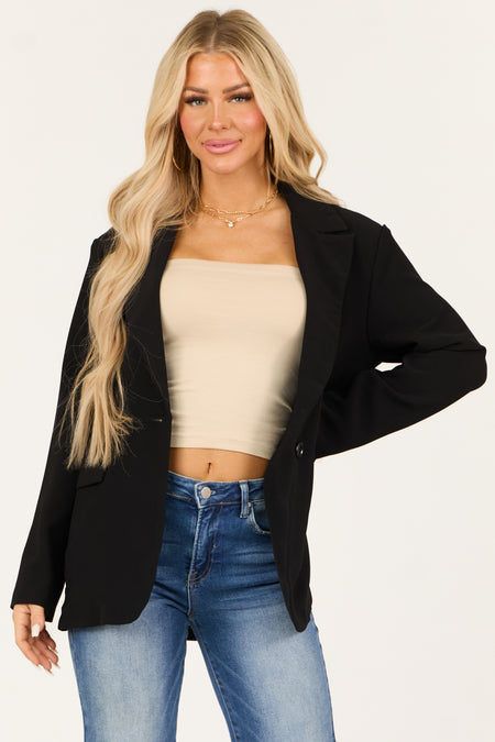 Black Single Button Long Sleeve Shoulder Pad Blazer