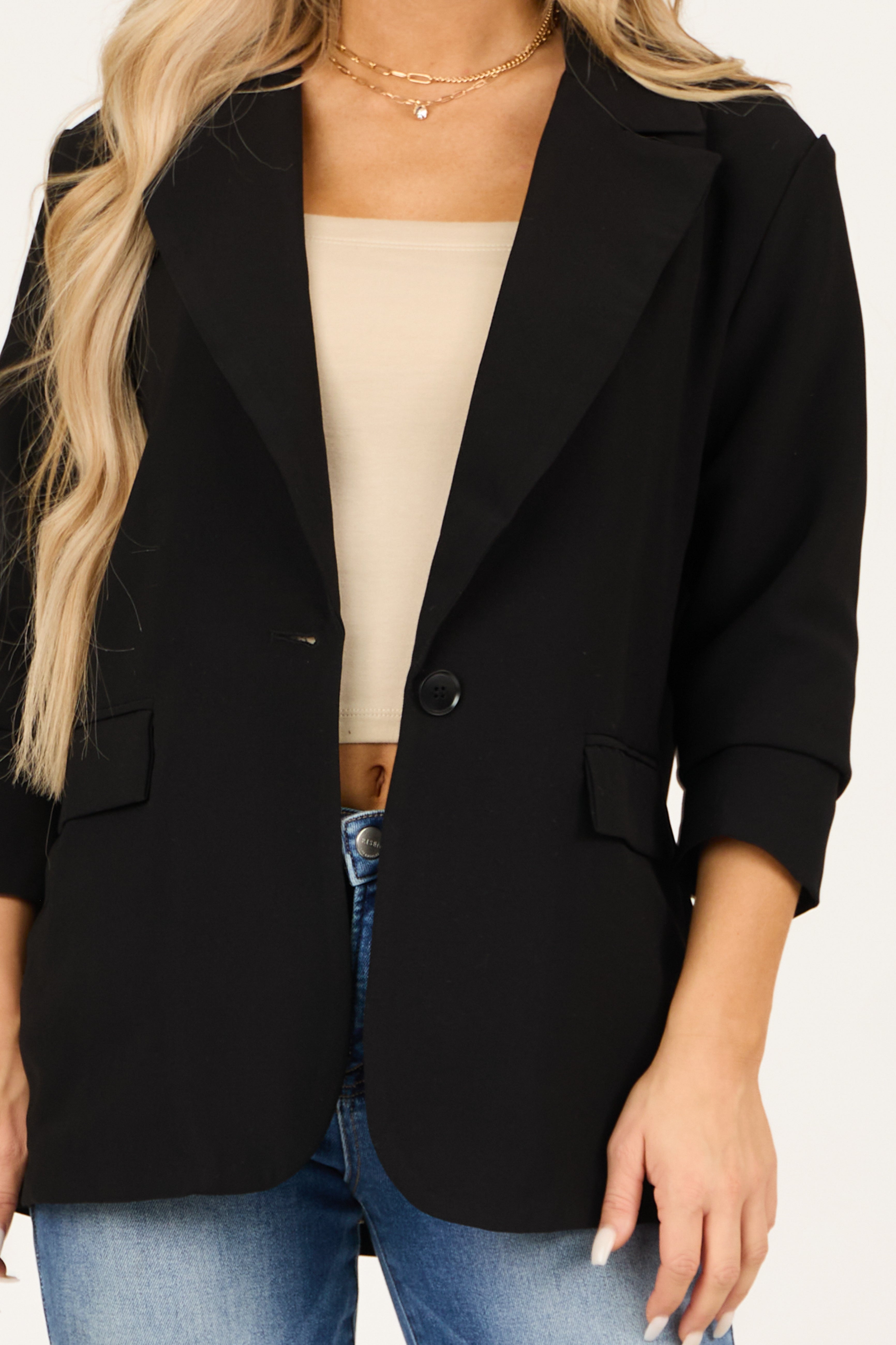 Black Single Button Long Sleeve Shoulder Pad Blazer