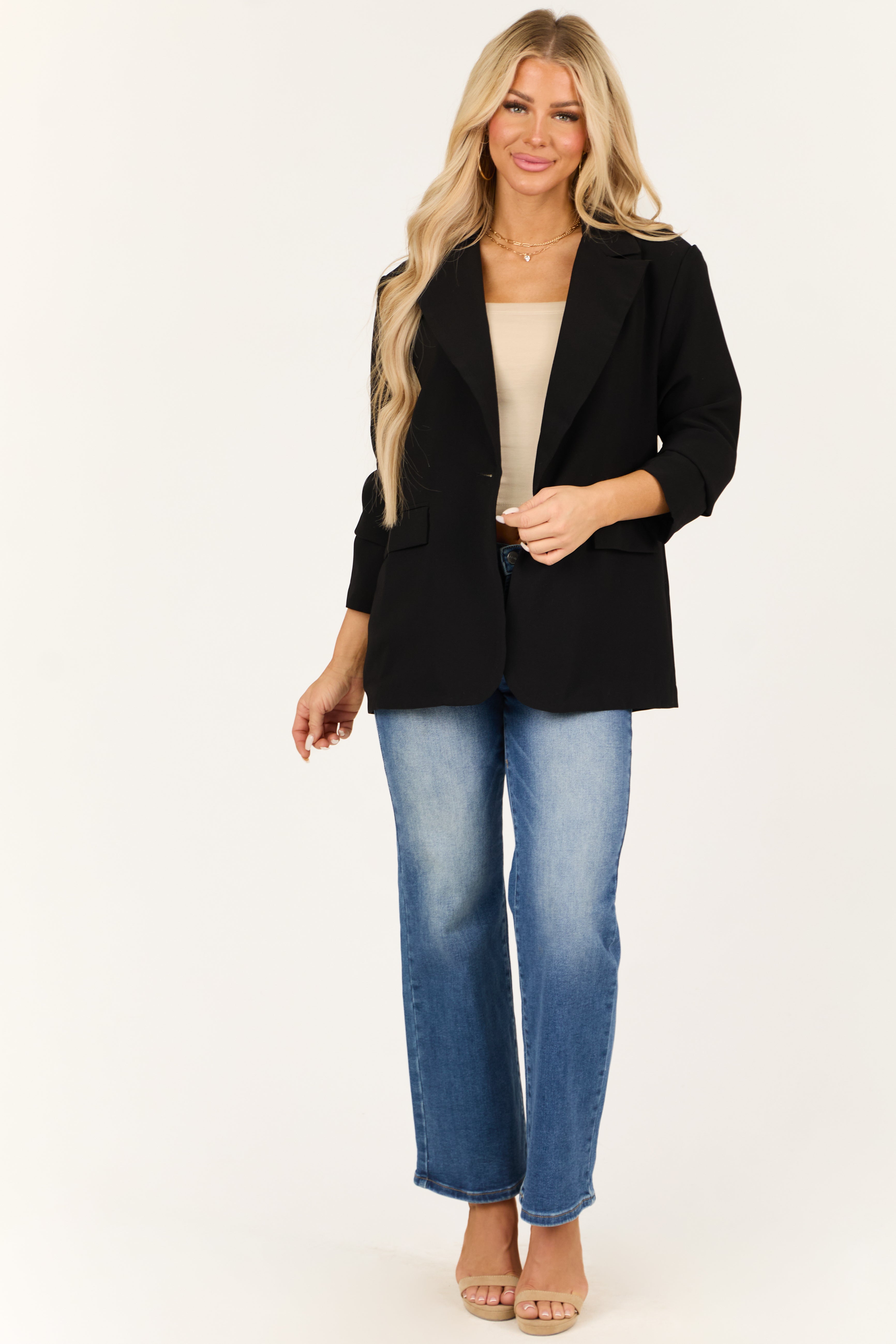 Black Single Button Long Sleeve Shoulder Pad Blazer