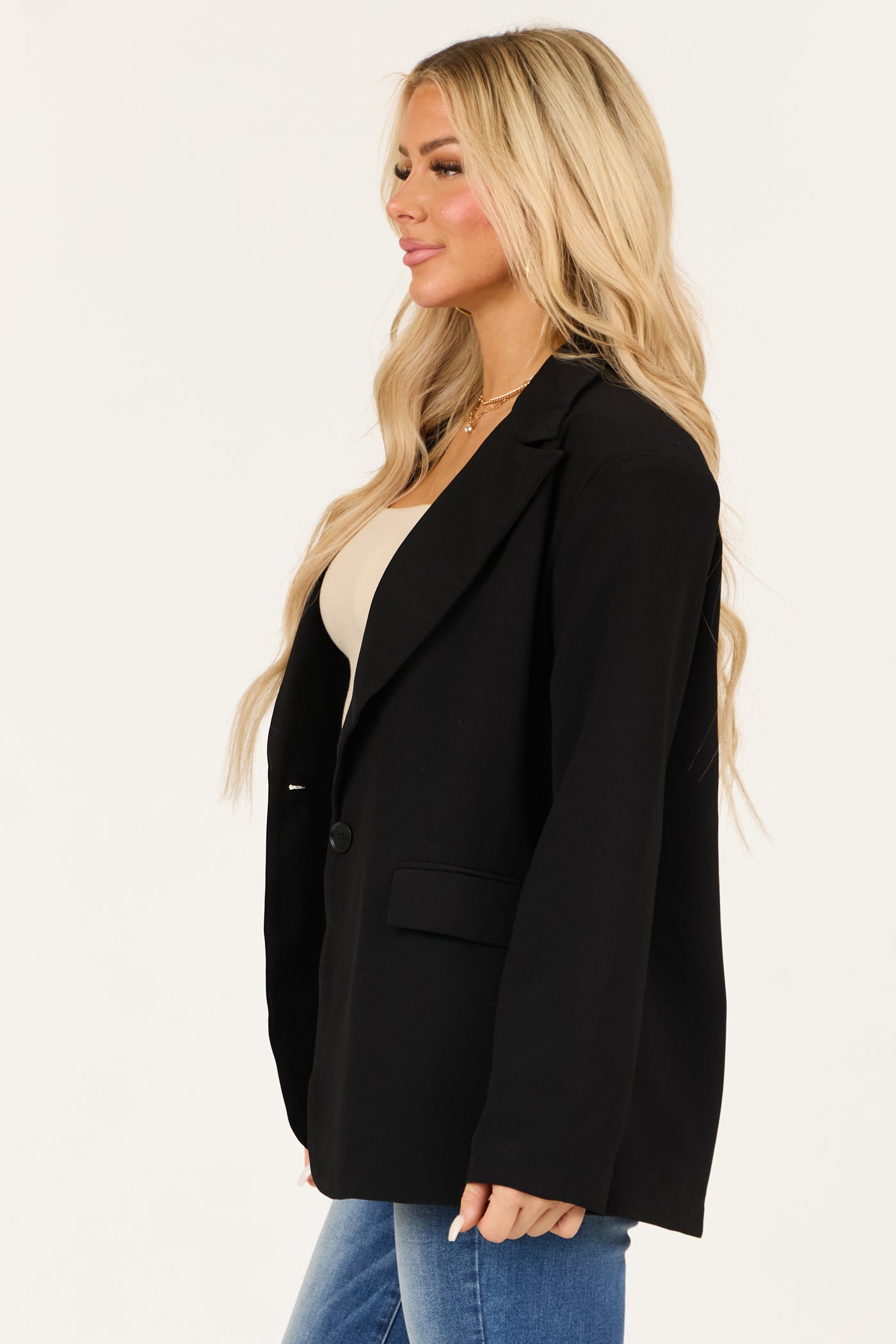 Black Single Button Long Sleeve Shoulder Pad Blazer