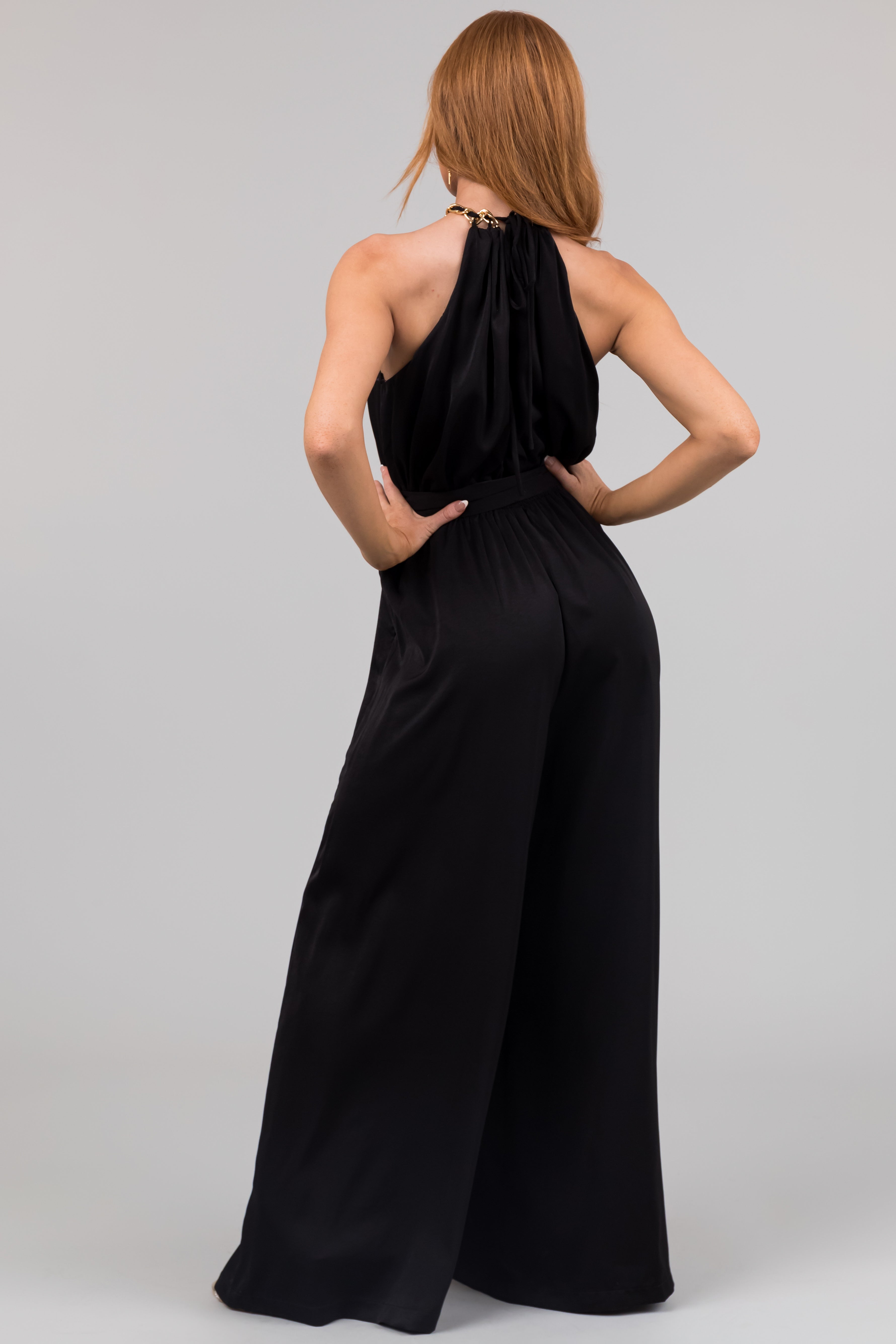 Black Sleeveless Chain Neckline Jumpsuit