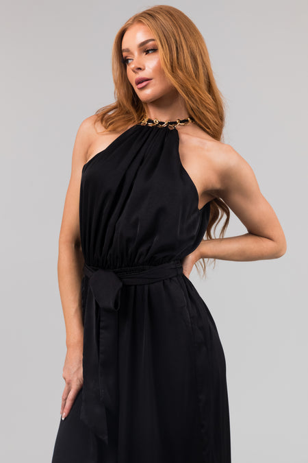 Black Sleeveless Chain Neckline Jumpsuit