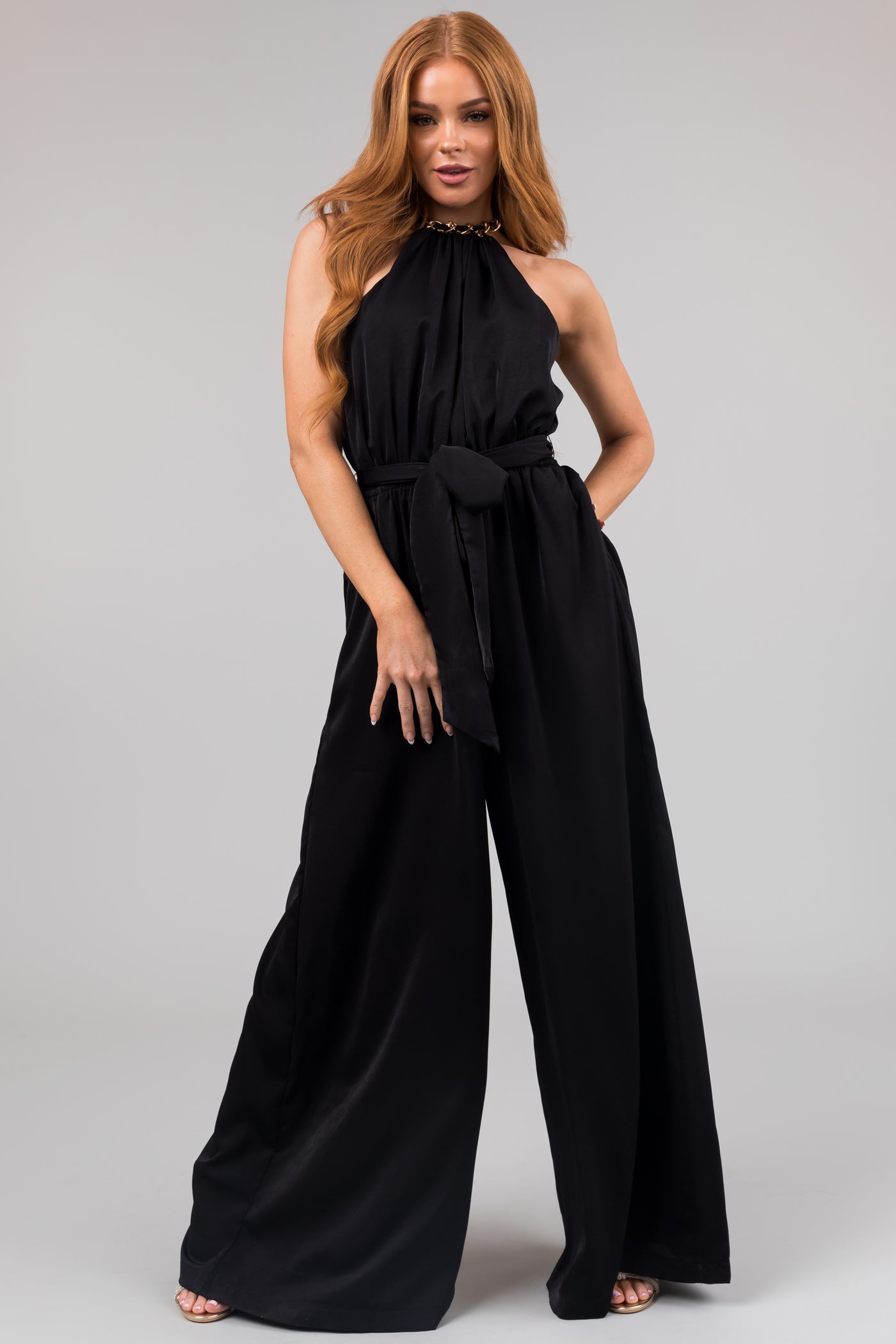 Black Sleeveless Chain Neckline Jumpsuit