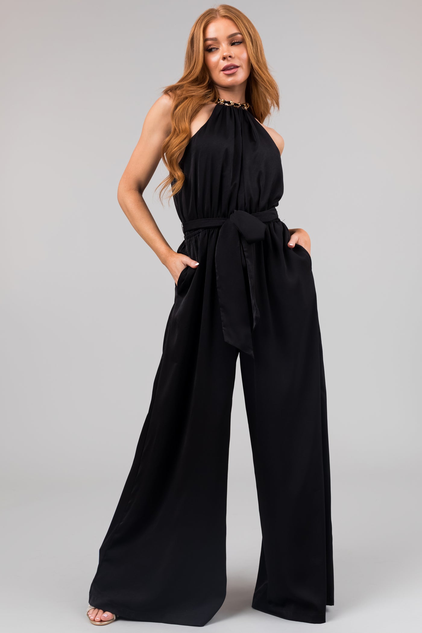 Black Sleeveless Chain Neckline Jumpsuit