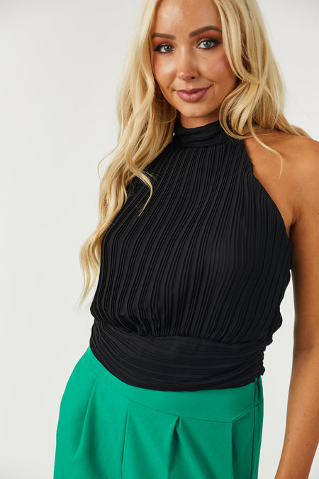 Black Sleeveless Collared Back Tie Pleated Top