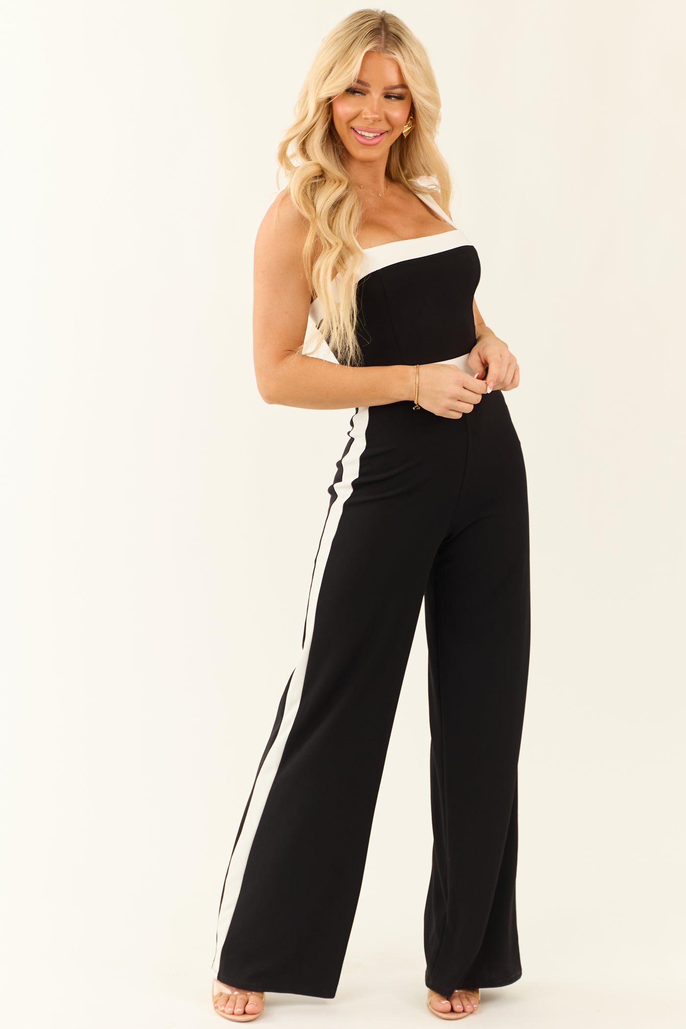 Black Sleeveless Contrast Trim Wide Leg Jumpsuit