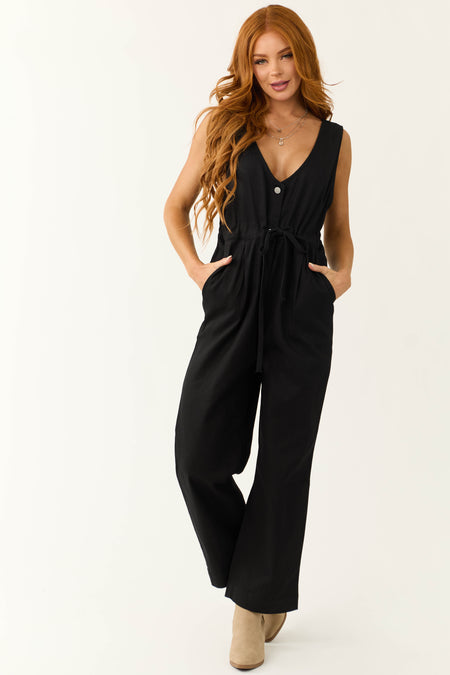 Black Sleeveless Deep V Neck Denim Jumpsuit