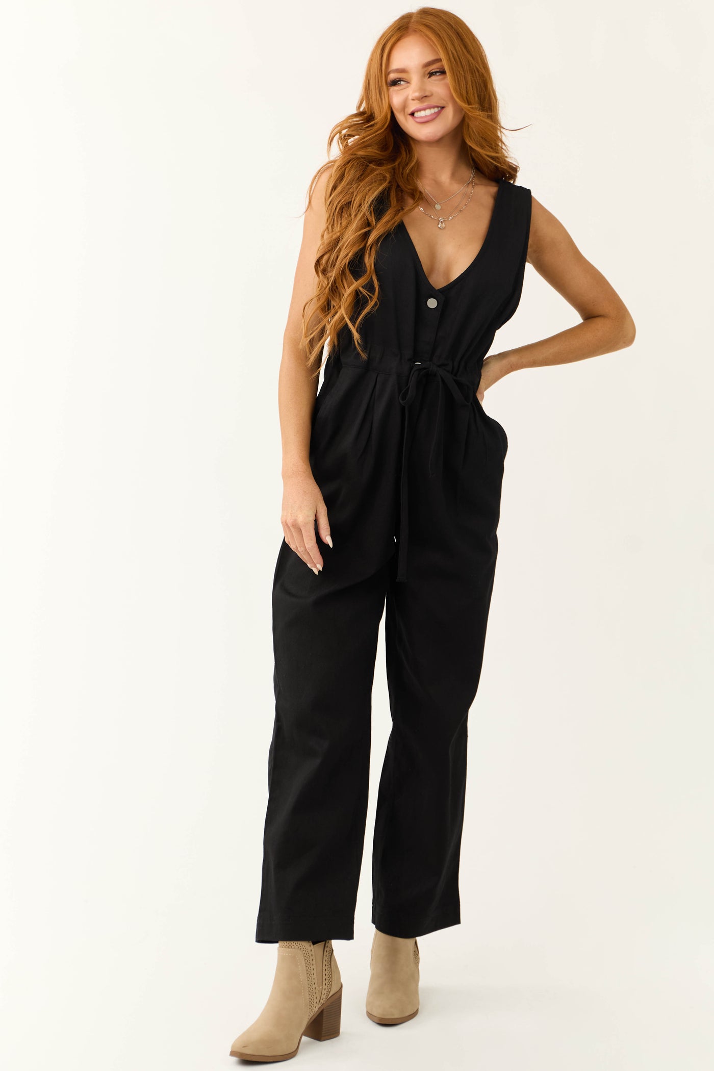 Black Sleeveless Deep V Neck Denim Jumpsuit