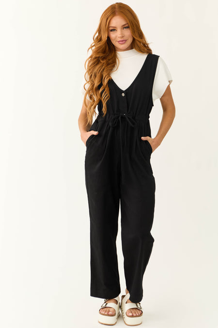 Black Sleeveless Deep V Neck Denim Jumpsuit